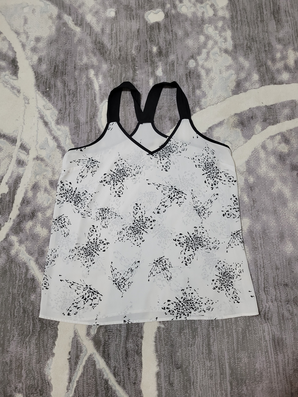 Smart Set White Tank Top with Black Floral Print and Black Racerback Sixe L